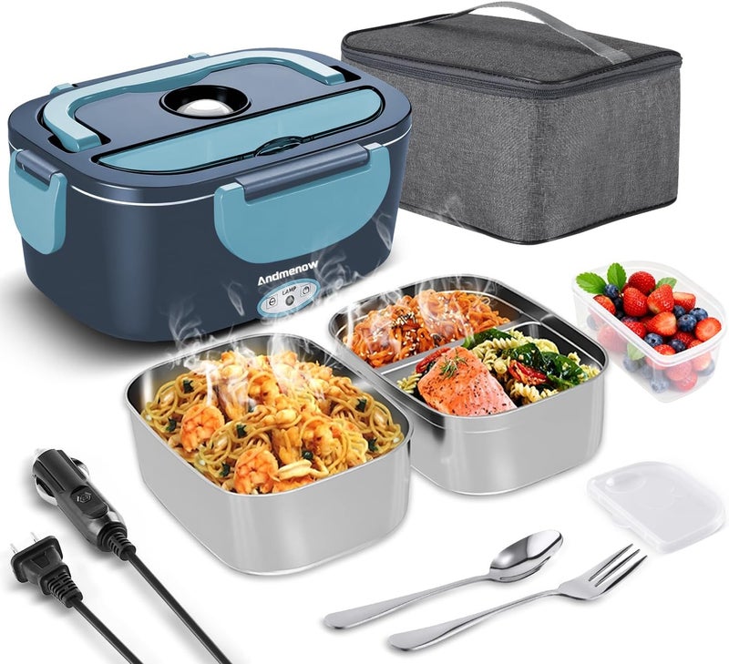 Andmenow Heated Lunch Box for Adults – 80W 1.5L Electric Lunch Box with 12/24/110V, Portable Food Warmer for Work & Travel | Stainless Steel Inner Pot | Lonchera Electrica Portatil para Hombres y Mujeres - Image 1